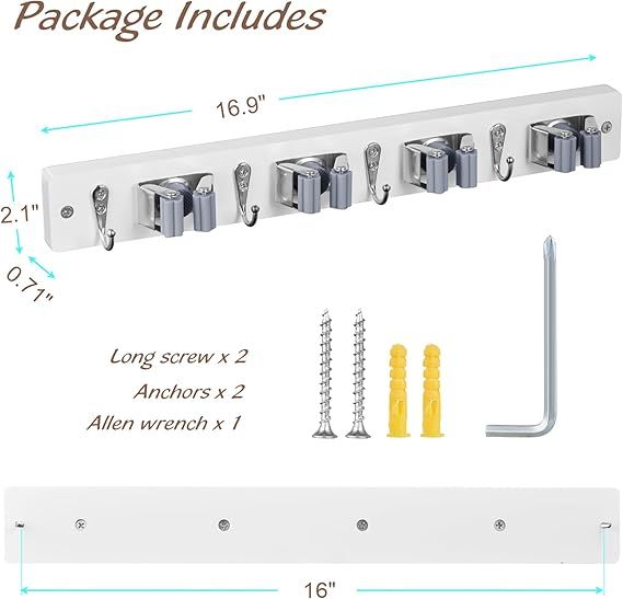 White Mop Broom Holder Wall Mount with 4 Slots & 4 Hooks – Wood Broom Mop Hanger for Organization