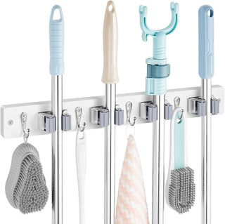 Wall-Mount Mop and Broom Holder with 4 Slots and 4 Hooks for Closets and Laundry Rooms