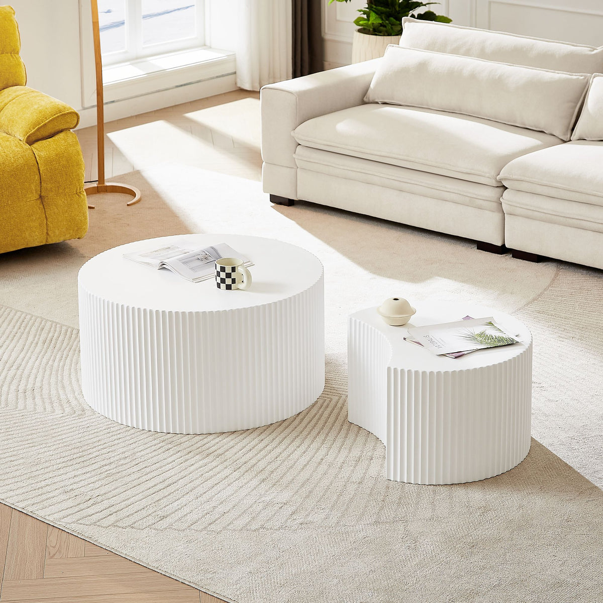 White Nesting Table Set of 2 – Handcrafted Relief MDF Coffee Tables for Living Room, Office, or Leisure Area