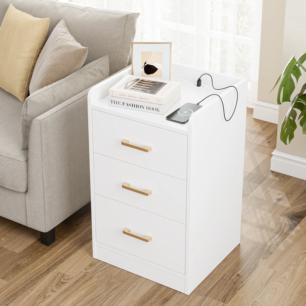 Modern White Nightstand with Charging Station
