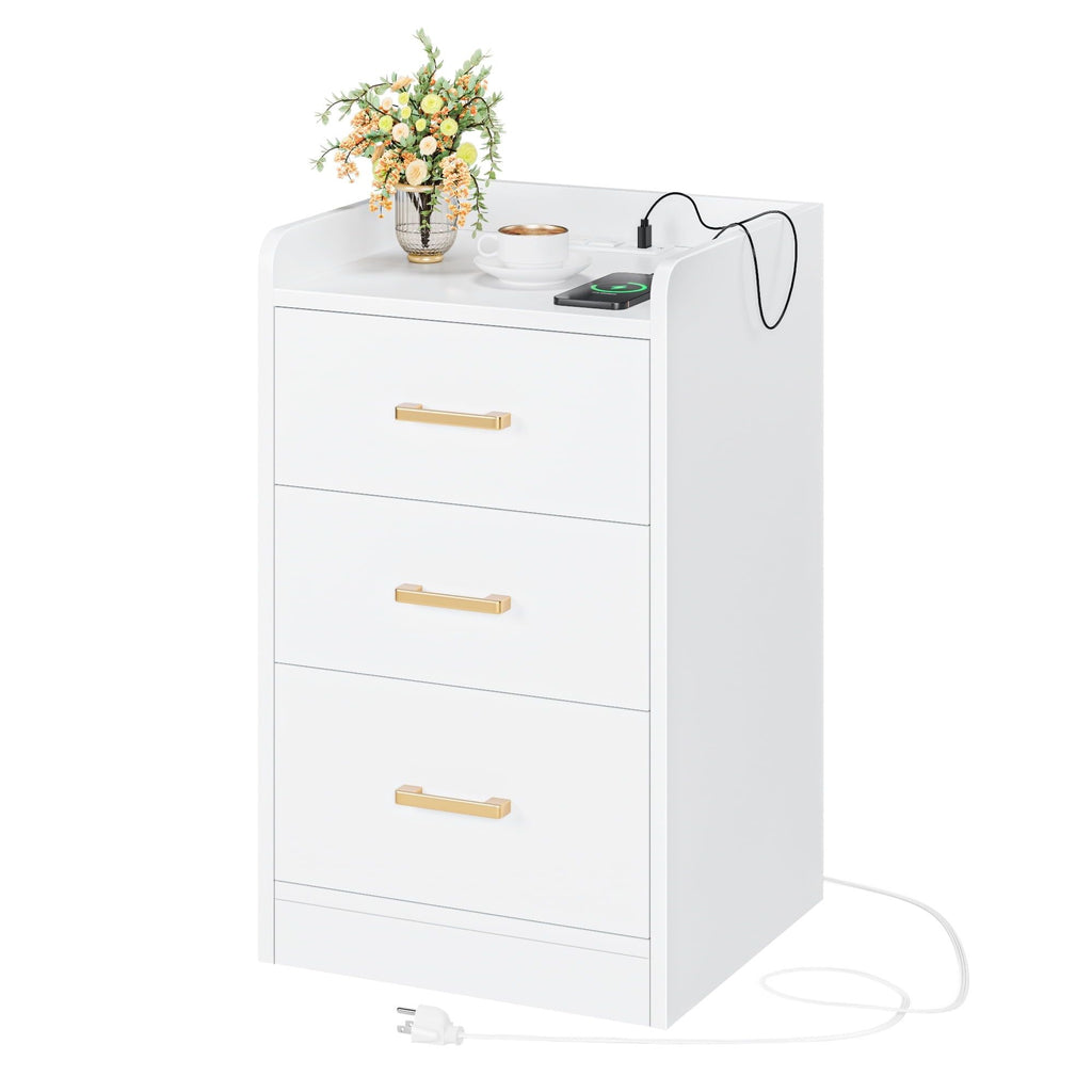 Modern White Nightstand with Charging Station