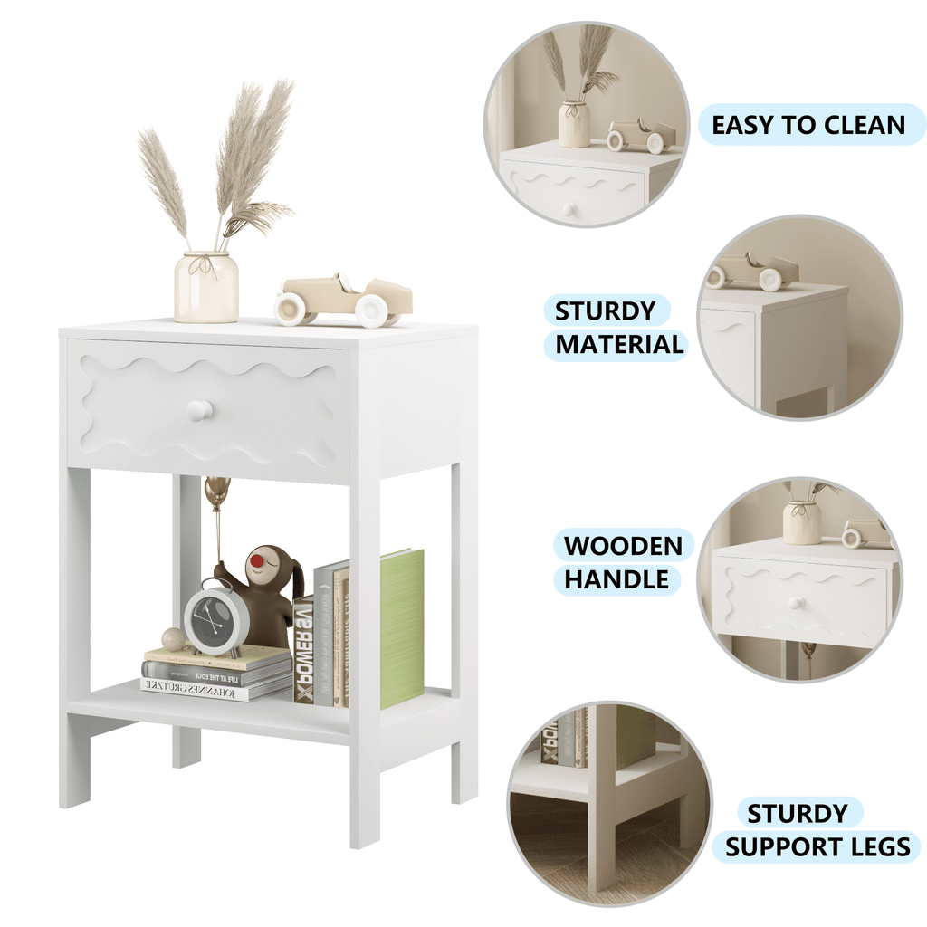 White Nightstand with Drawer and Open Shelf,Modern Solid Wood Bedside Table,End Table for