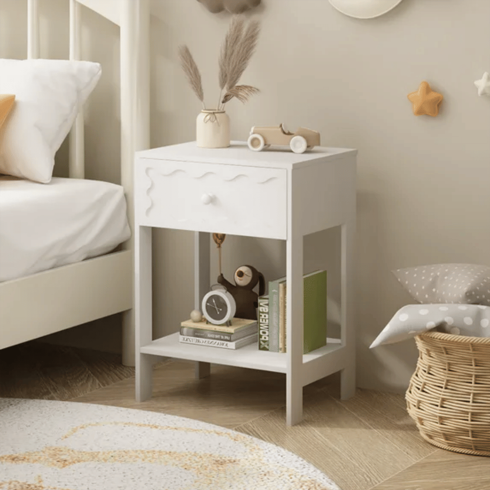 White Nightstand with Drawer and Open Shelf,Modern Solid Wood Bedside Table,End Table for