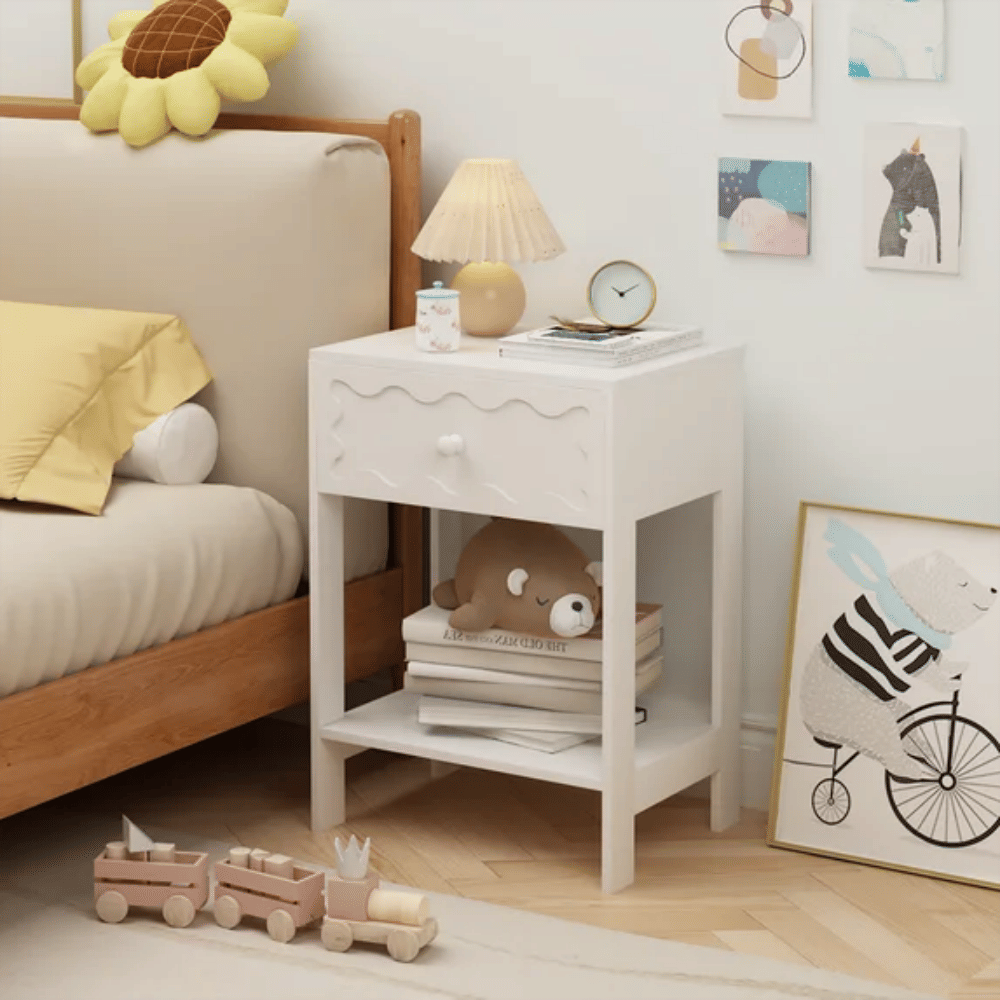 White Nightstand with Drawer and Open Shelf,Modern Solid Wood Bedside Table,End Table for
