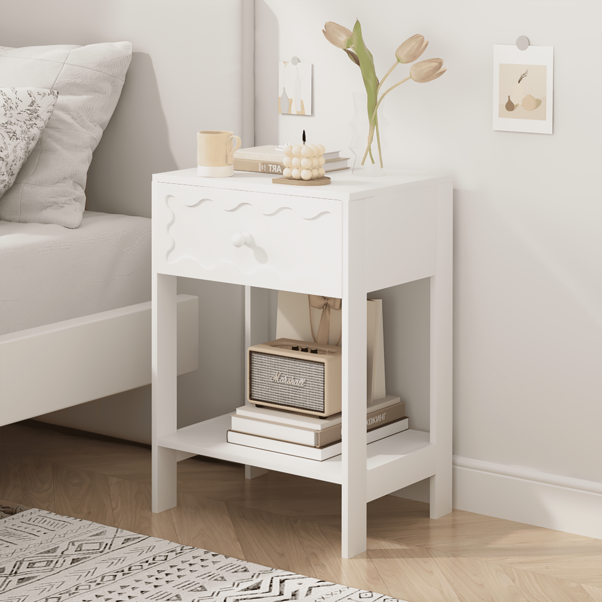 White Nightstand with Drawer and Open Shelf,Modern Solid Wood Bedside Table,End Table for