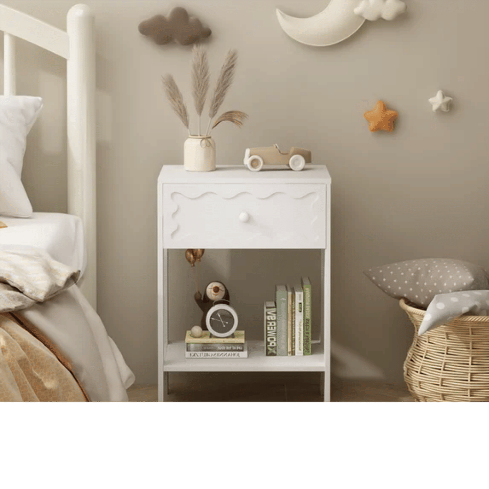 White Nightstand with Drawer and Open Shelf,Modern Solid Wood Bedside Table,End Table for