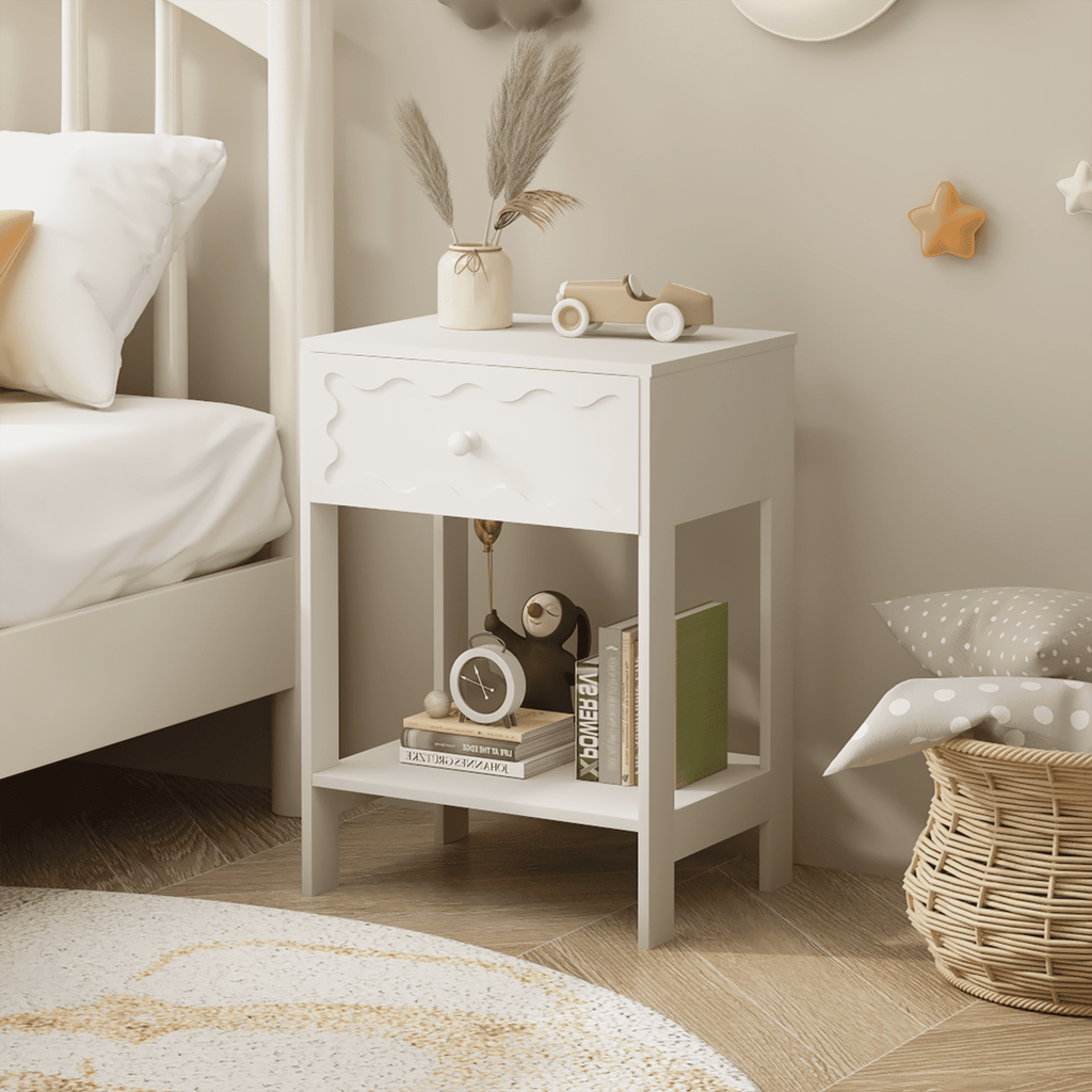 White Nightstand with Drawer and Open Shelf,Modern Solid Wood Bedside Table,End Table for