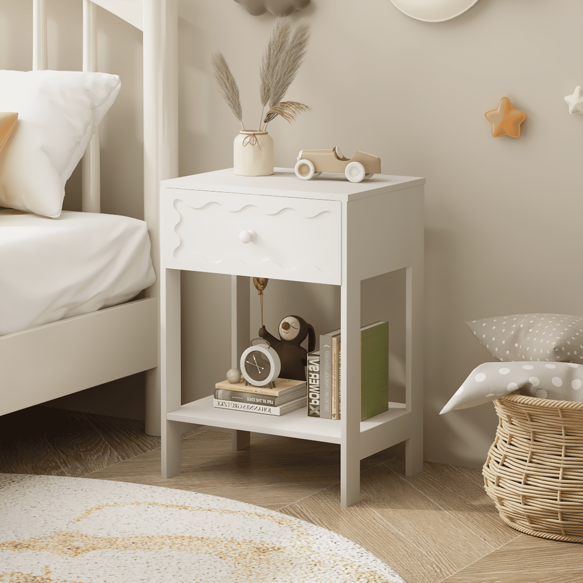 White Nightstand with Drawer and Open Shelf,Modern Solid Wood Bedside Table,End Table for