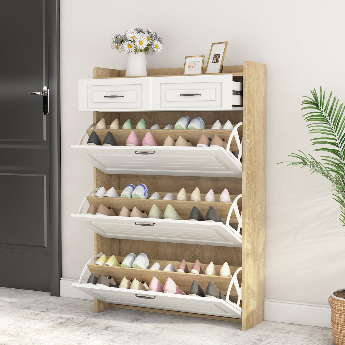 Vintage Rotating Shoe Cabinet with Drawers for Entryway and Bedroom