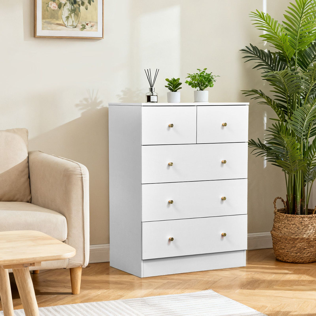 White Five-Drawer Cabinet with Matte Gold Handles