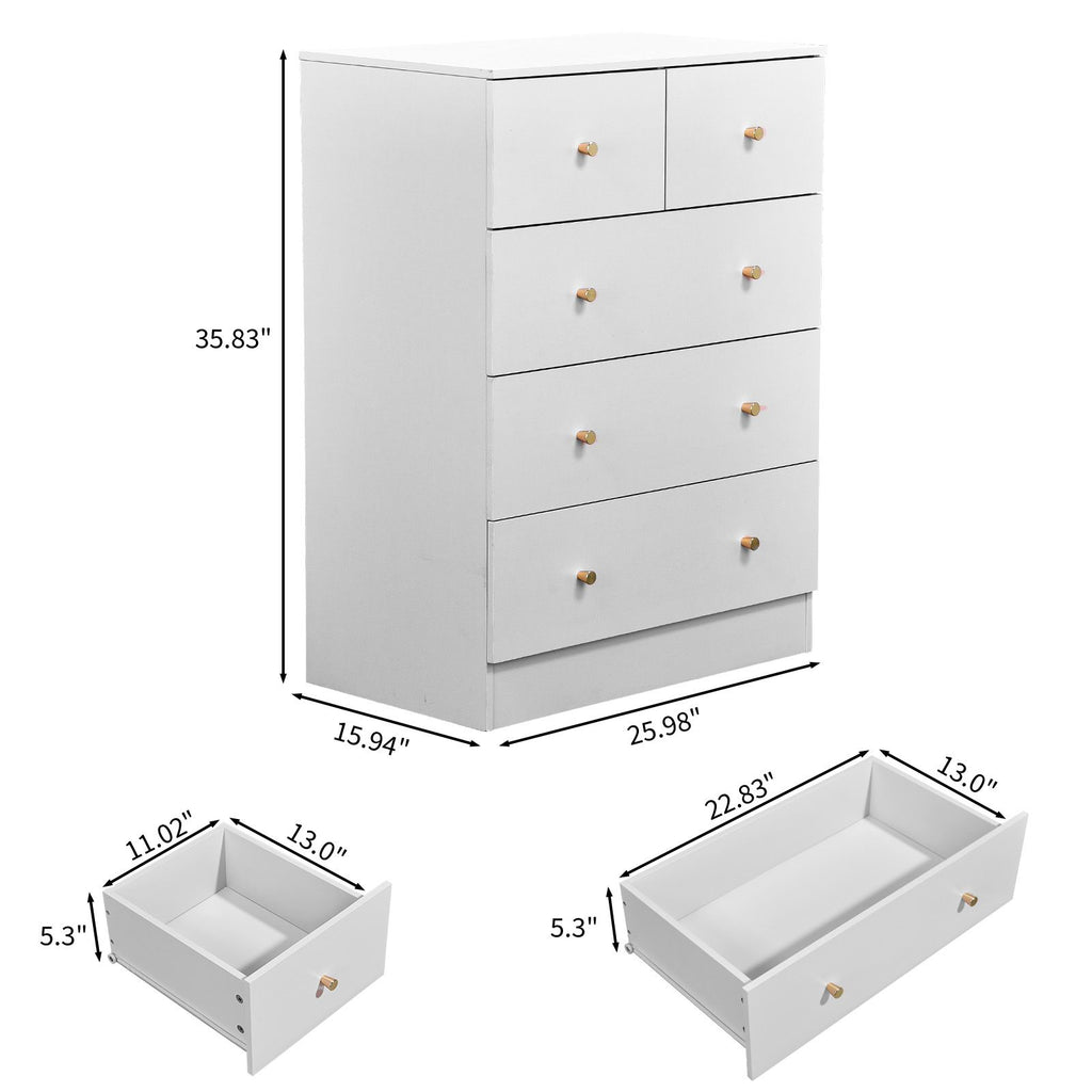 White Five-Drawer Cabinet with Matte Gold Handles