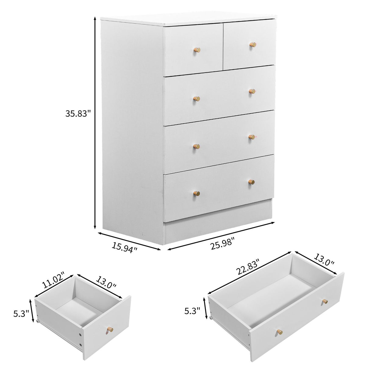 White Five-Drawer Cabinet with Matte Gold Handles