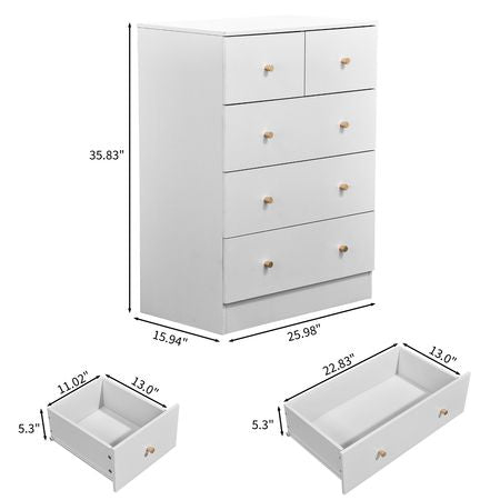 White Five-Drawer Cabinet with Matte Gold Handles