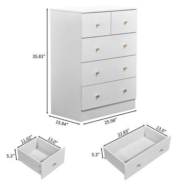 White Five-Drawer Cabinet with Matte Gold Handles