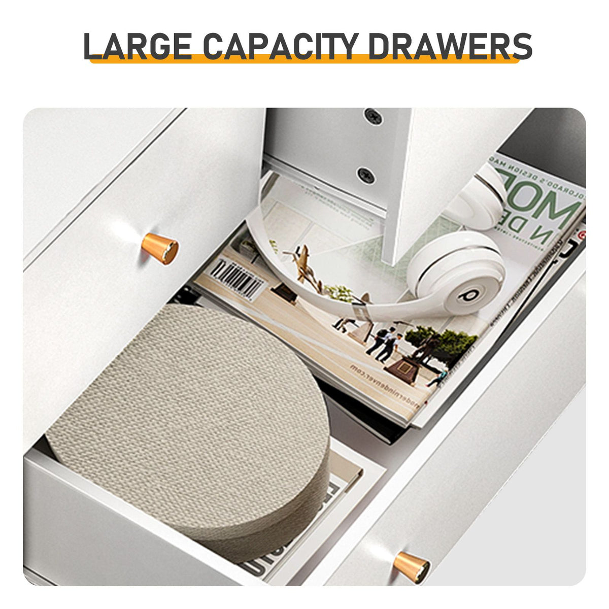 White Five-Drawer Cabinet with Matte Gold Handles