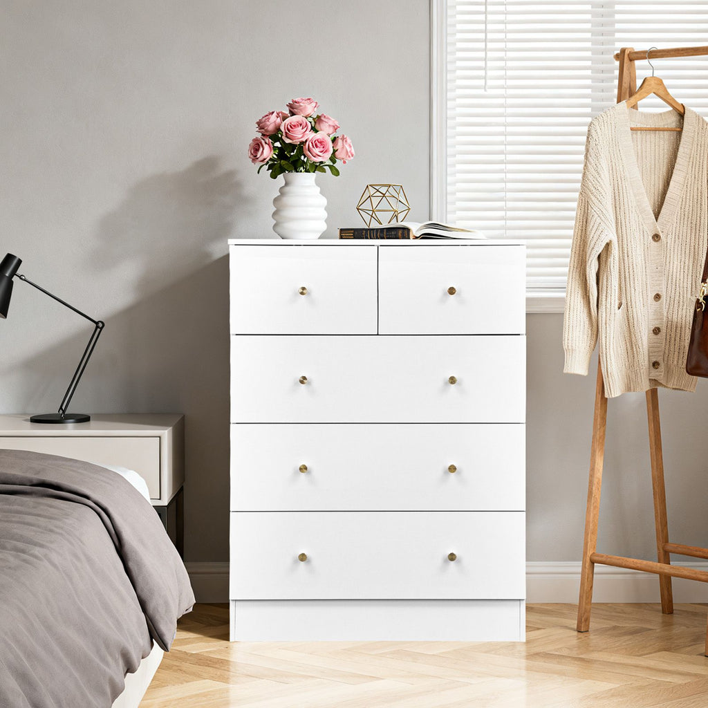 White Five-Drawer Cabinet with Matte Gold Handles