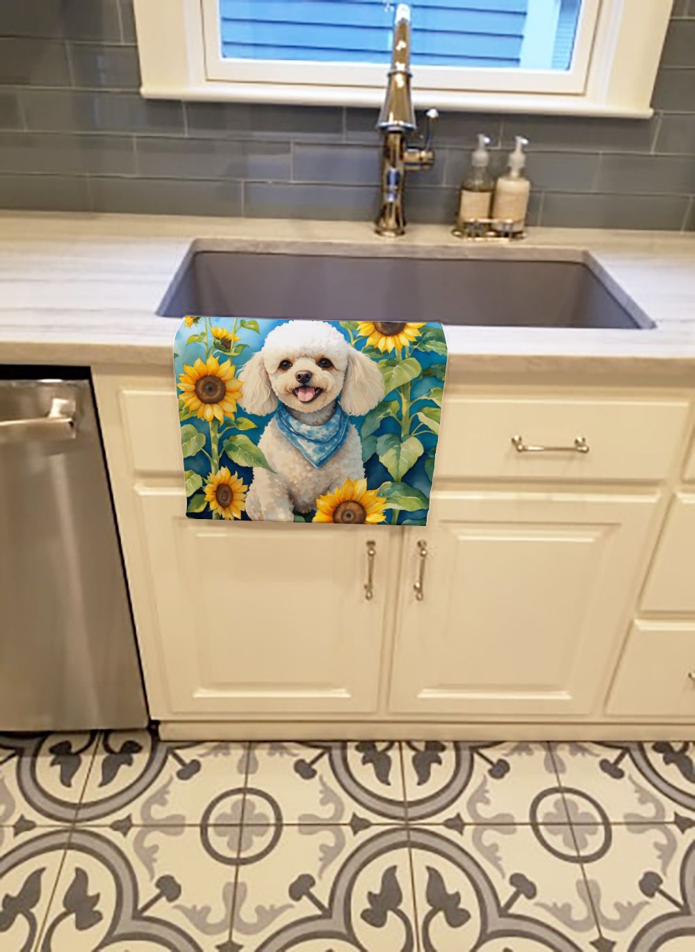 White Poodle in Sunflowers Dual-Sided Kitchen Towel