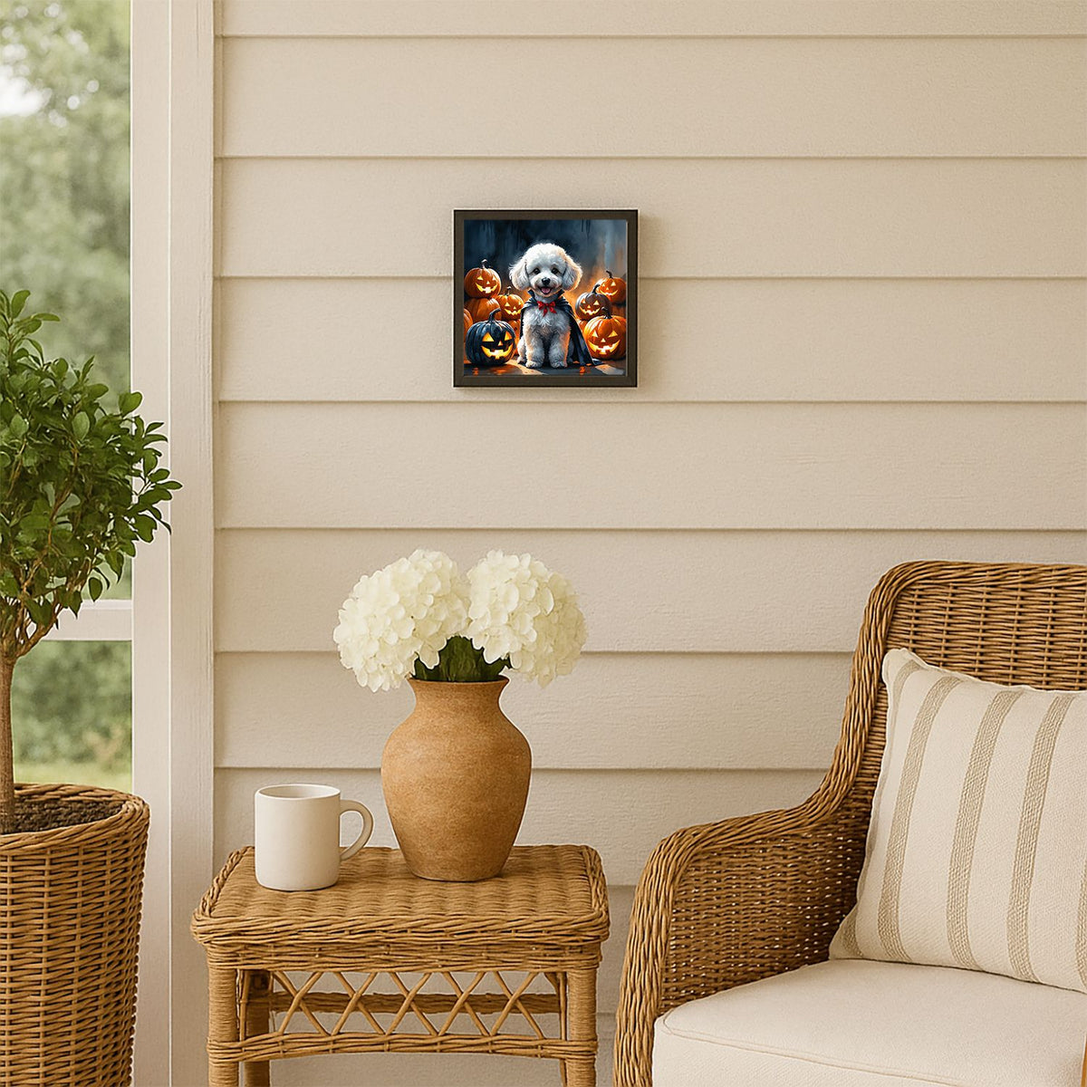 White Poodle Puppy Halloween Framed Wall Art