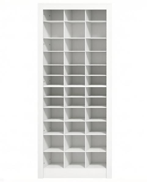 White shoe cabinet with 3 open cubes of varying heights, capable of accommodating 36 pairs