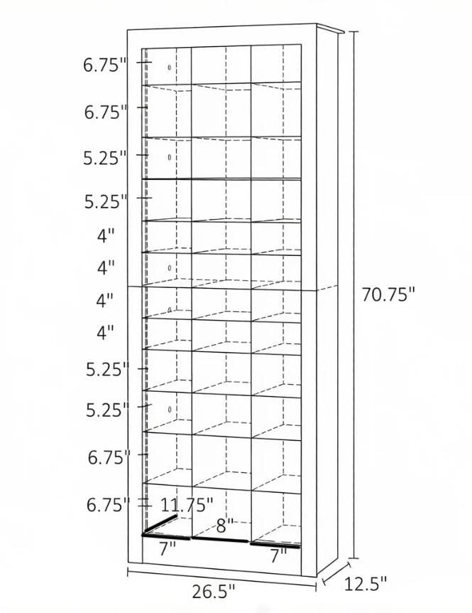 White shoe cabinet with 3 open cubes of varying heights, capable of accommodating 36 pairs