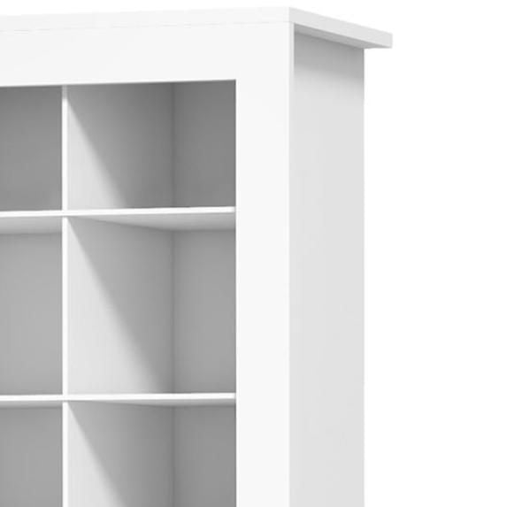 White shoe cabinet with 3 open cubes of varying heights, capable of accommodating 36 pairs