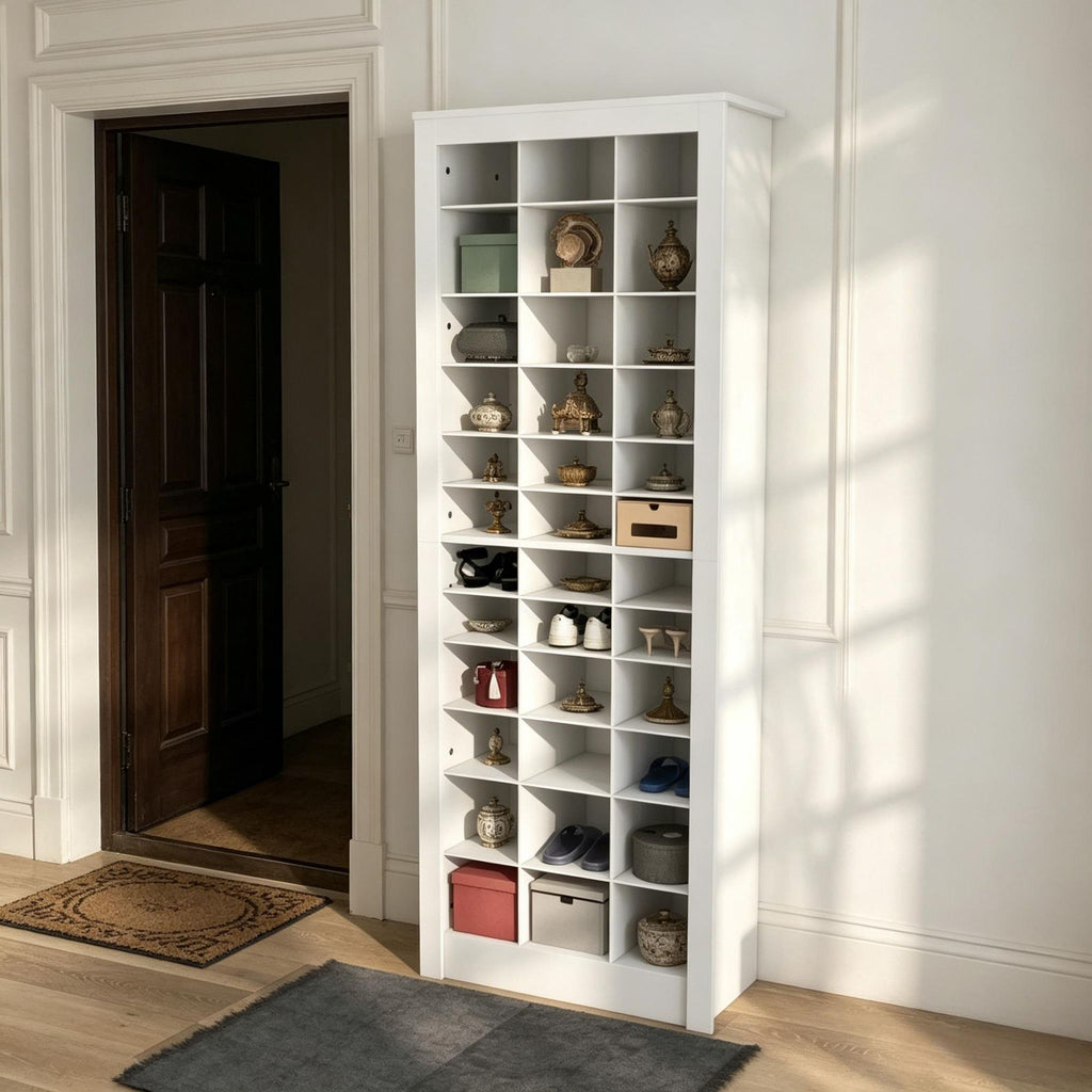 White shoe cabinet with 3 open cubes of varying heights, capable of accommodating 36 pairs