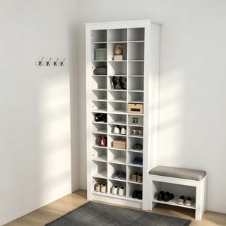 White shoe cabinet with 3 open cubes of varying heights, capable of accommodating 36 pairs