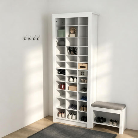 White shoe cabinet with 3 open cubes of varying heights, capable of accommodating 36 pairs