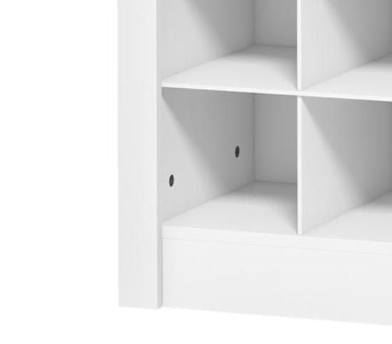 White shoe cabinet with 3 open cubes of varying heights, capable of accommodating 36 pairs