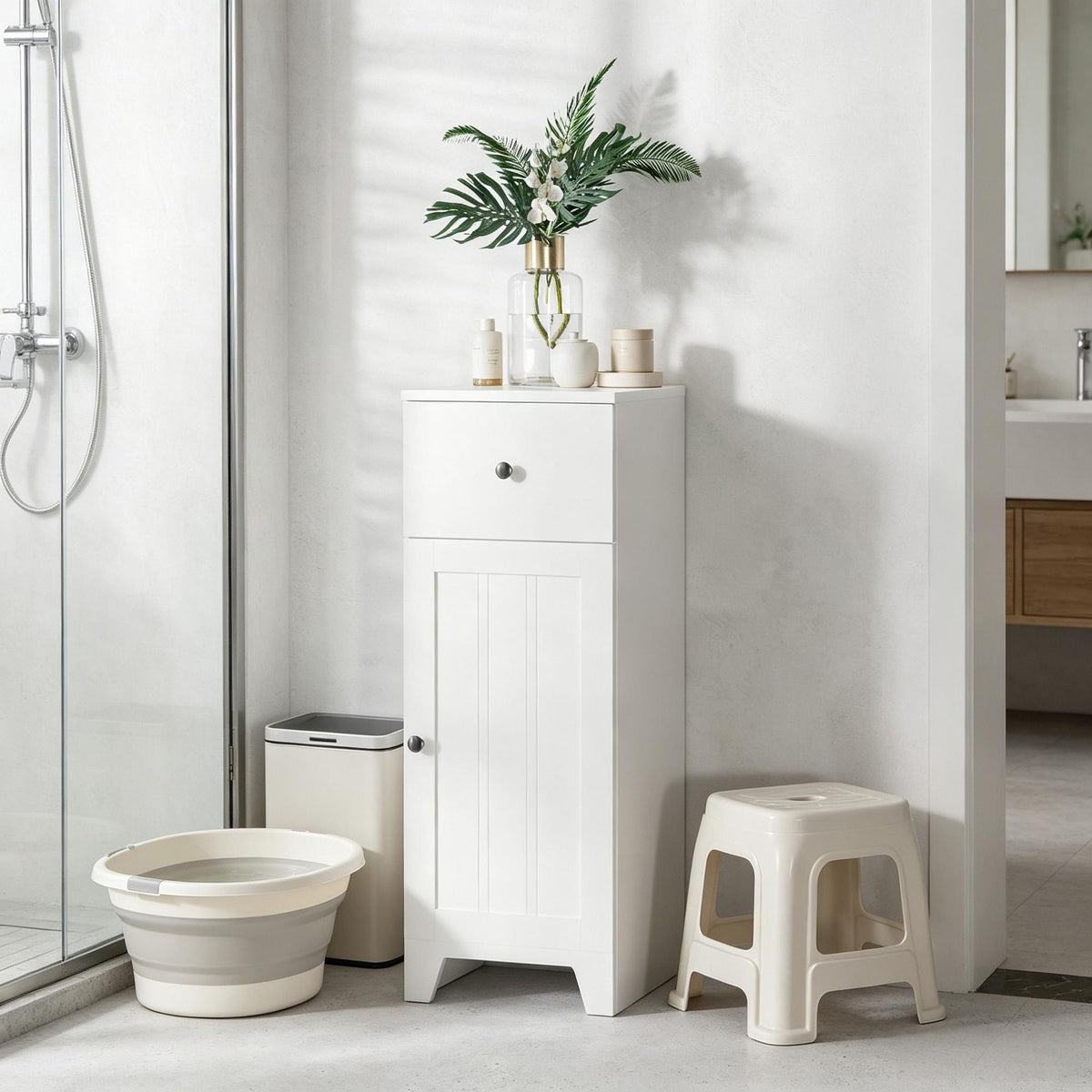 White Bathroom Storage Cabinet with Drawer and Adjustable Shelf