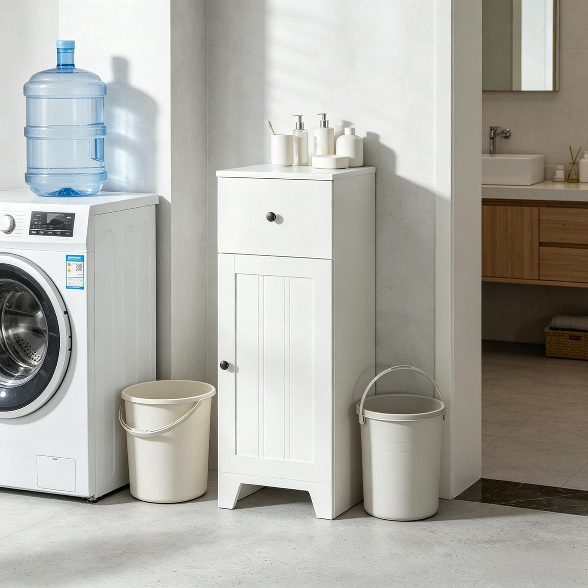 White Bathroom Storage Cabinet with Drawer and Adjustable Shelf