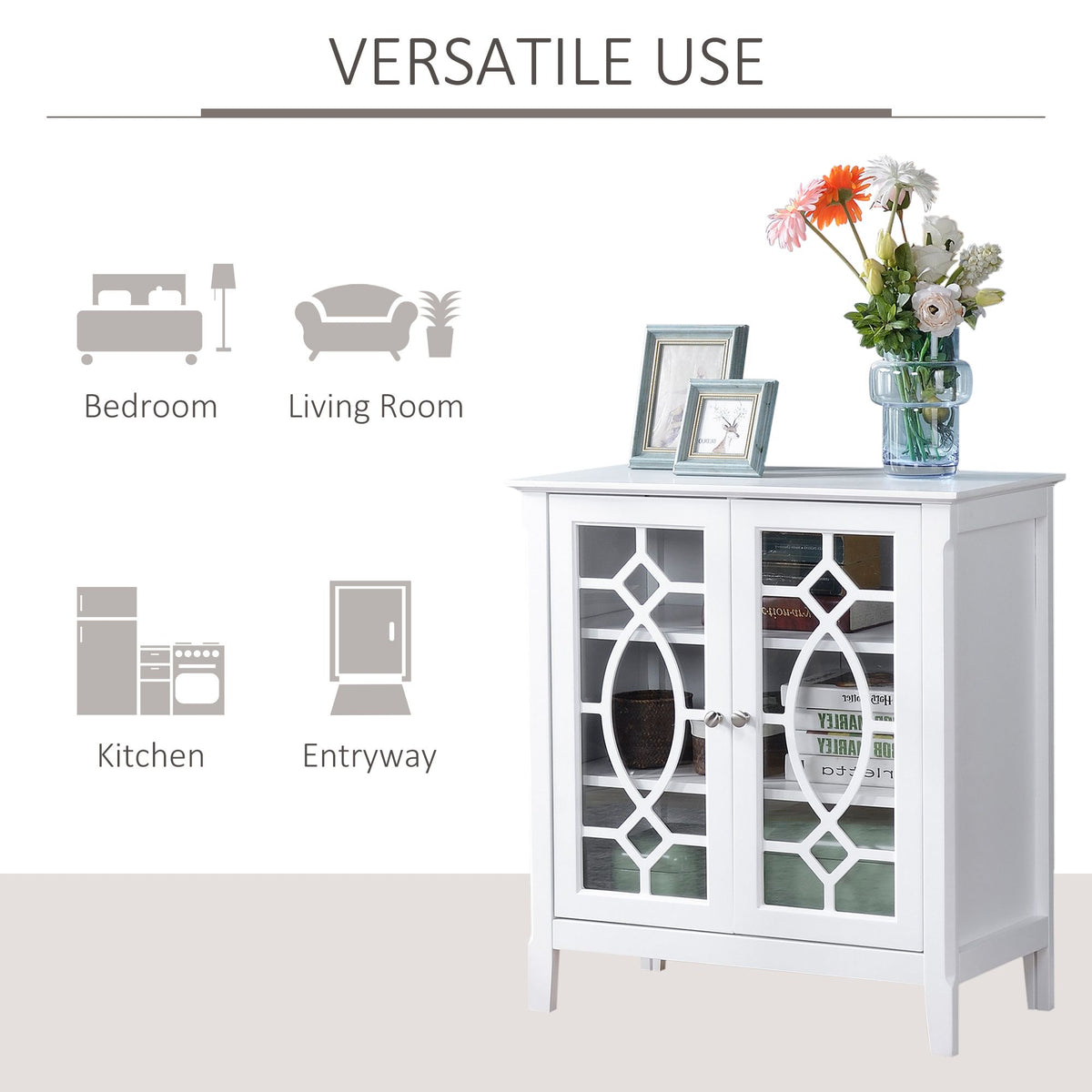 White Glass-Door Sideboard with Adjustable Shelves
