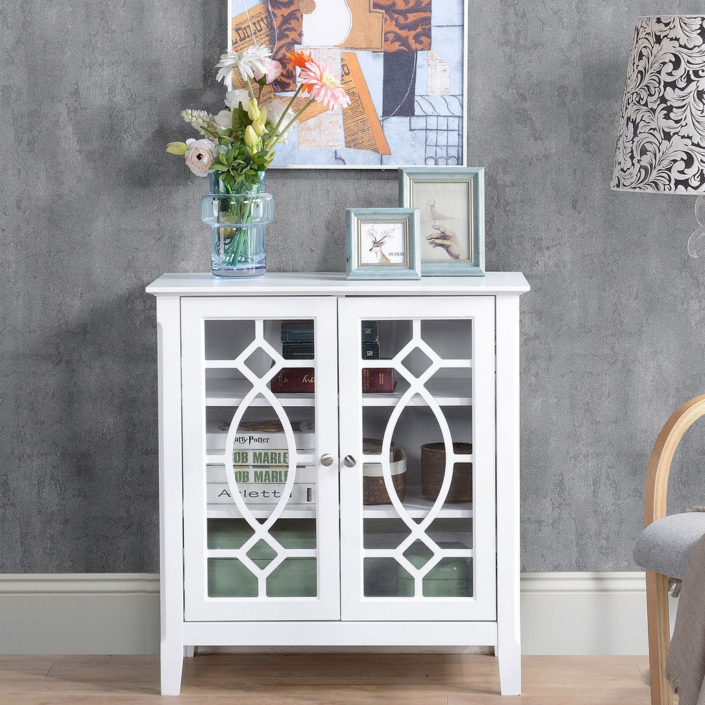 White Glass-Door Sideboard with Adjustable Shelves