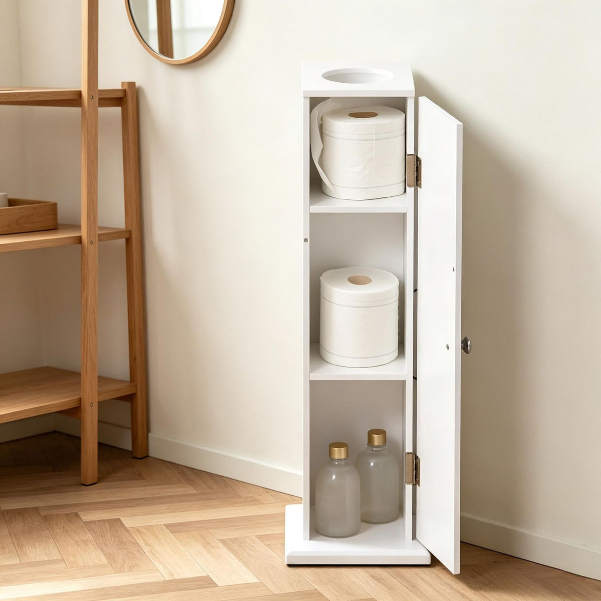 Slim White Corner Cabinet with Tissue Access