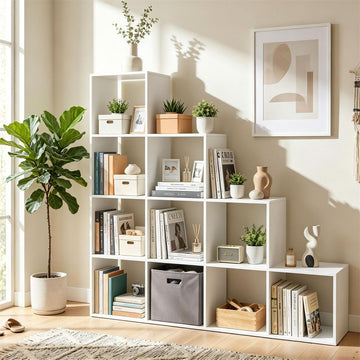 White Stepped 10-Cube Open Bookshelf 4-Tier Engineered Wood Storage Display Rack with