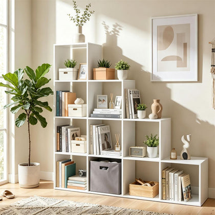 White Stepped 10-Cube Open Bookshelf 4-Tier Engineered Wood Storage Display Rack with