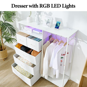 White Wardrobe Dresser with Hanging Rack and LED Lights