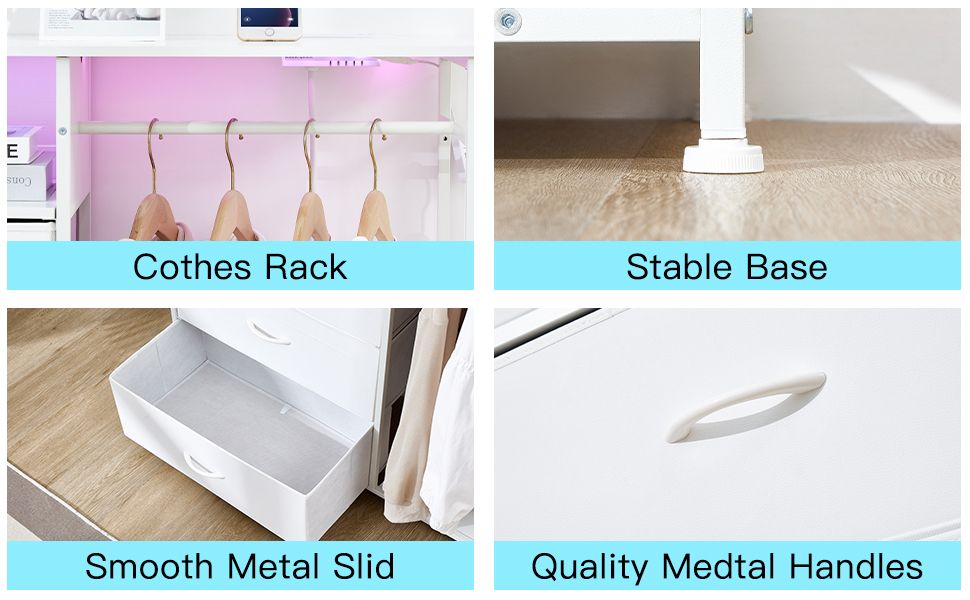 White Wardrobe Dresser with Hanging Rack and LED Lights