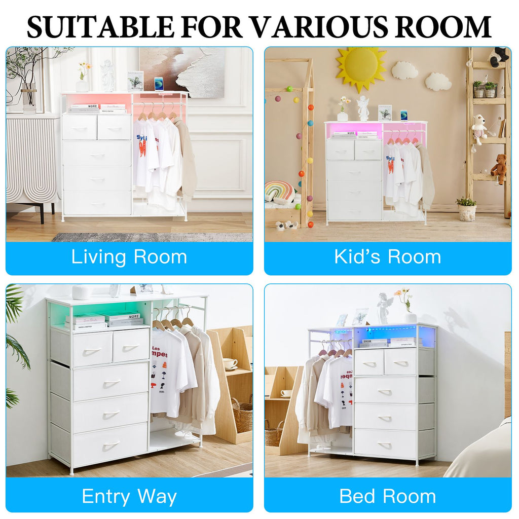 White Wardrobe Dresser with Hanging Rack and LED Lights