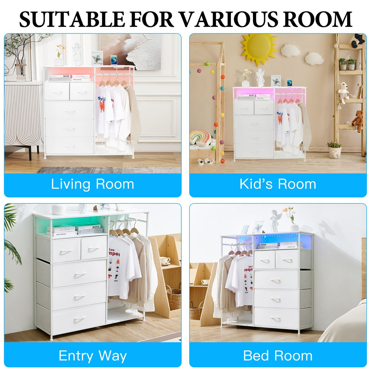 White Wardrobe Dresser with Hanging Rack and LED Lights