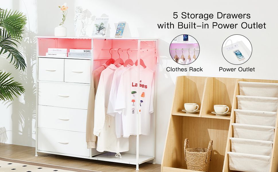 White Wardrobe Dresser with Hanging Rack and LED Lights