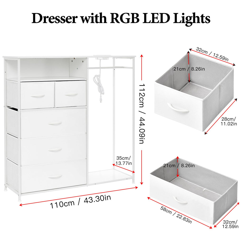 White Wardrobe Dresser with Hanging Rack and LED Lights