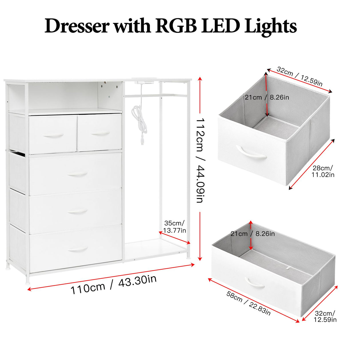 White Wardrobe Dresser with Hanging Rack and LED Lights