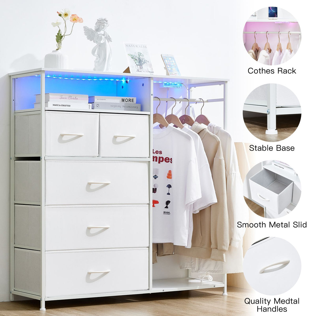 White Wardrobe Dresser with Hanging Rack and LED Lights