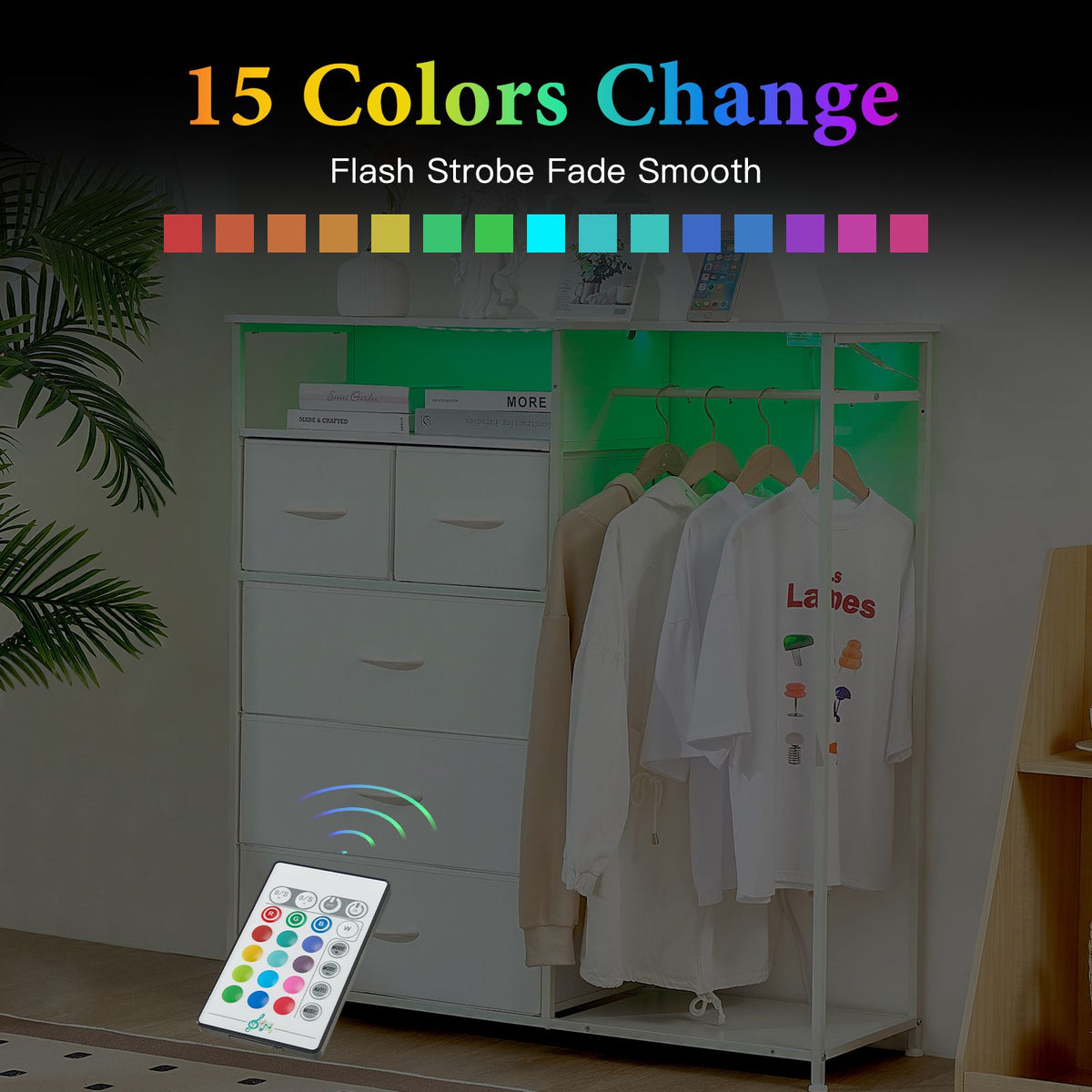 White Wardrobe Dresser with Hanging Rack and LED Lights