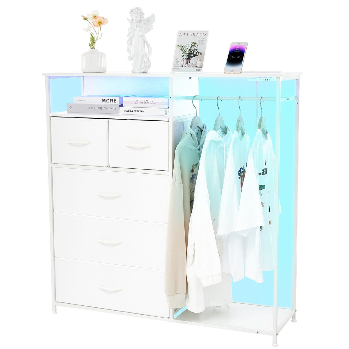 White Wardrobe Dresser with Hanging Rack and LED Lights