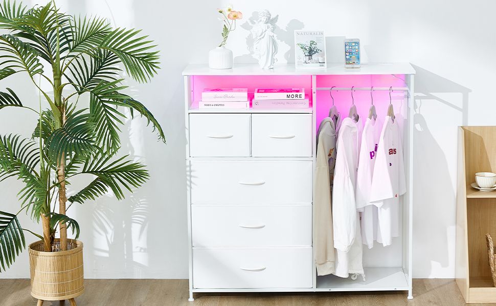 White Wardrobe Dresser with Hanging Rack and LED Lights