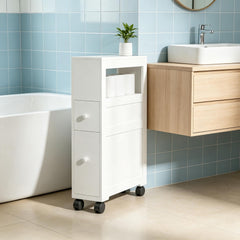 White Rolling Bathroom Cabinet with Open Shelf and Drawers