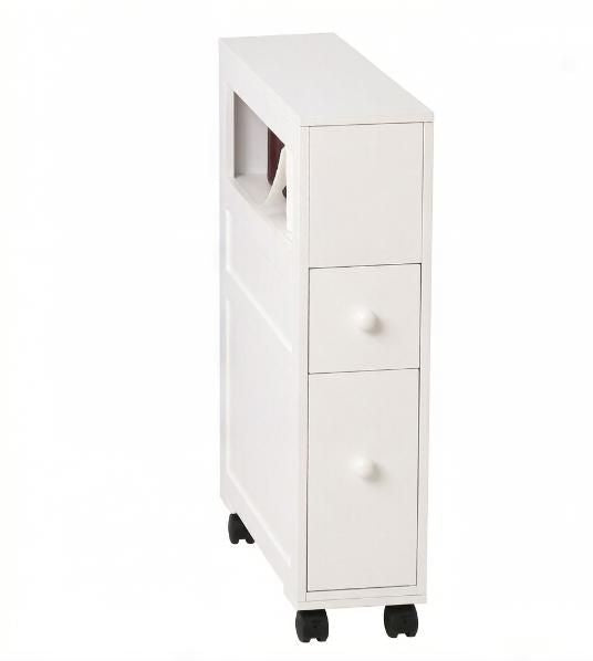 White Rolling Bathroom Cabinet with Open Shelf and Drawers