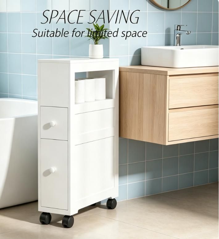 White Rolling Bathroom Cabinet with Open Shelf and Drawers